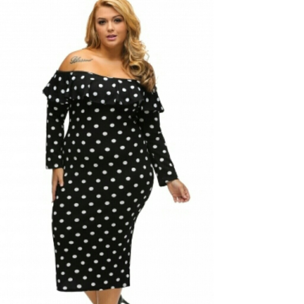2XL Black Polka Dot Ruffle Off-shoulder Long dress